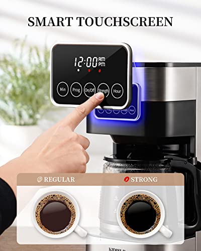 KIDISLE Programmable Coffee Maker, 10-Cup Drip Coffee Machine with Touch Screen, Glass Carafe, Reusable Filter, Warming Plate, Regular & Strong Brew for Home and Office, Black