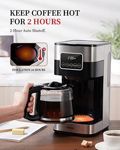 KIDISLE Programmable Coffee Maker, 10-Cup Drip Coffee Machine with Touch Screen, Glass Carafe, Reusable Filter, Warming Plate, Regular & Strong Brew for Home and Office, Black