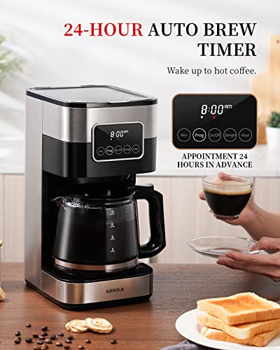 KIDISLE Programmable Coffee Maker, 10-Cup Drip Coffee Machine with Touch Screen, Glass Carafe, Reusable Filter, Warming Plate, Regular & Strong Brew for Home and Office, Black