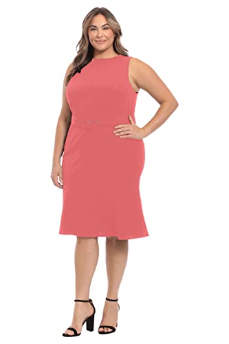 London Times Women's Plus Size Sleeveless Fluted Sheath with Belt, Dubarry Coral