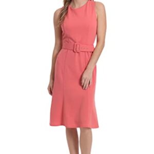 London Times Women's Plus Size Sleeveless Fluted Sheath with Belt, Dubarry Coral