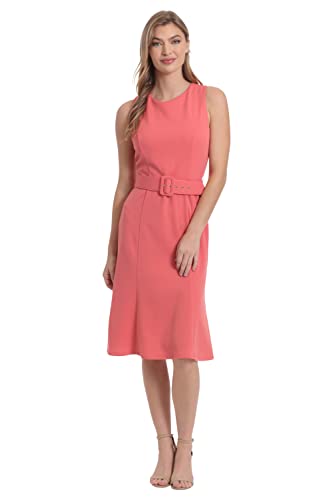 London Times Women's Plus Size Sleeveless Fluted Sheath with Belt, Dubarry Coral