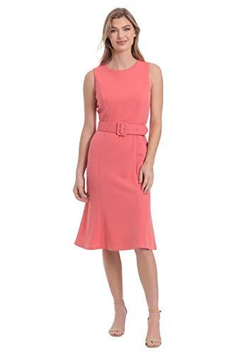 London Times Women's Plus Size Sleeveless Fluted Sheath with Belt, Dubarry Coral