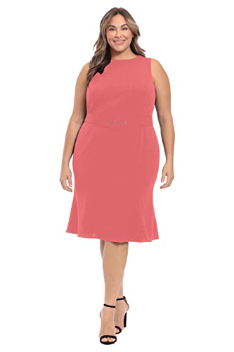 London Times Women's Plus Size Sleeveless Fluted Sheath with Belt, Dubarry Coral