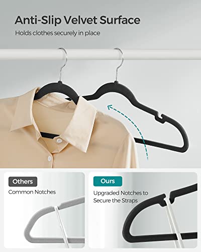 SONGMICS Velvet Hangers 50 Pack, Non-Slip Clothes Hangers, with Shoulder Notches, Pants Bar, 360° Swivel Hook, Space-Saving, for Closet, Black UCRF029B05