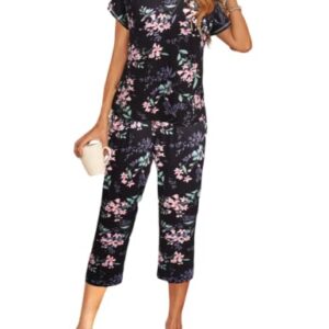 Ekouaer Women's Sleepwear Summer Capri Pajama Sets Short Sleeve Tops with Capri Pants Two-Piece Pjs Lounge Sets Black Flower XL