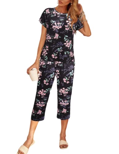 Ekouaer Women's Sleepwear Summer Capri Pajama Sets Short Sleeve Tops with Capri Pants Two-Piece Pjs Lounge Sets Black Flower XL