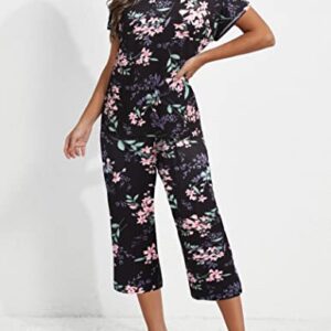 Ekouaer Women's Sleepwear Summer Capri Pajama Sets Short Sleeve Tops with Capri Pants Two-Piece Pjs Lounge Sets Black Flower XL