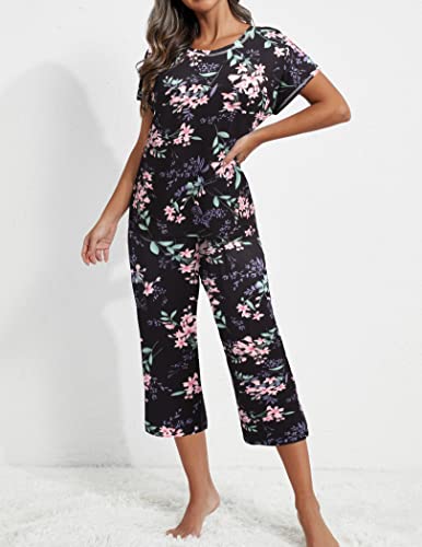 Ekouaer Women's Sleepwear Summer Capri Pajama Sets Short Sleeve Tops with Capri Pants Two-Piece Pjs Lounge Sets Black Flower XL