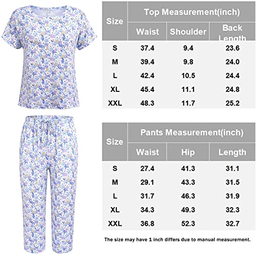 Ekouaer Women's Sleepwear Summer Capri Pajama Sets Short Sleeve Tops with Capri Pants Two-Piece Pjs Lounge Sets Black Flower XL