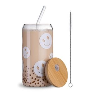 kaund ice coffee cup with bamboo lids and glass straw,16oz sublimation boho printed beer can glasses,ideal for cocktails,whiskey,beer,soda and gifts(c04-smiley faces)