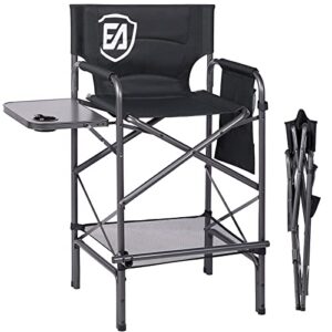 ever advanced 30.7" seat height directors chair folding bar stool tall foldable chair for makeup artist with side table cup holder easy get in out for elderly camping chair supports 350lbs(black)