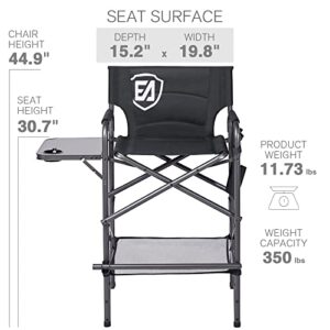 EVER ADVANCED 30.7" Seat Height Directors Chair Folding Bar Stool Tall Foldable Chair for Makeup Artist with Side Table Cup Holder Easy Get in Out for Elderly Camping Chair Supports 350LBS(Black)