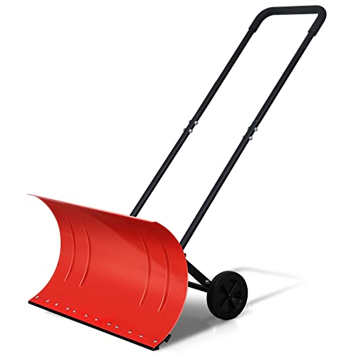 Aomedeelf Snow Shovel for Driveway, Heavy Duty Metal Snow Shovels with Wheels for Snow Removal, Adjustable Handle 30-'' Wheeled Snow Pusher for Driveway, Doorway, Sidewalks, Black & Red