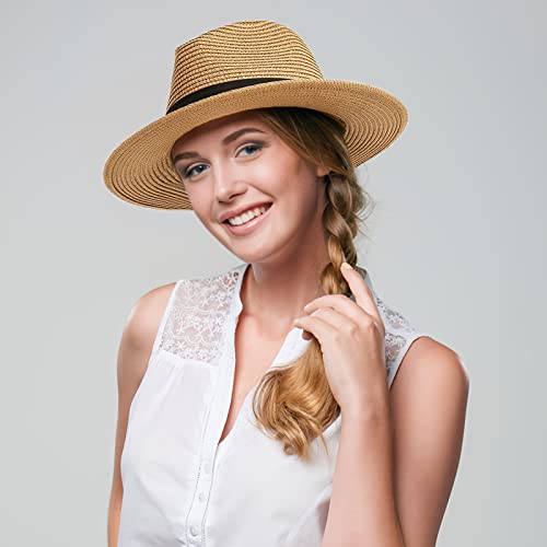 Panama Straw Hat for Women & Men, Foldable Summer Beach Sun Protection Hats, Adjustable Summer Hat Wide Brim Packable Cap Khaki