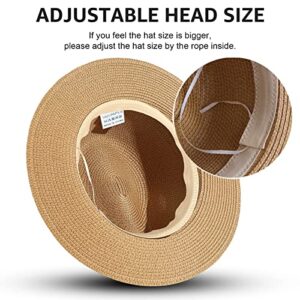 Panama Straw Hat for Women & Men, Foldable Summer Beach Sun Protection Hats, Adjustable Summer Hat Wide Brim Packable Cap Khaki