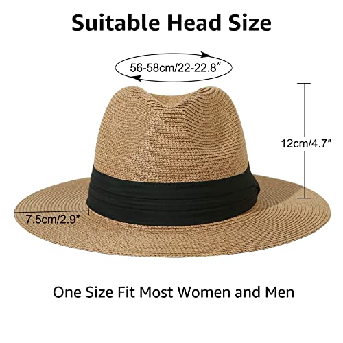 Panama Straw Hat for Women & Men, Foldable Summer Beach Sun Protection Hats, Adjustable Summer Hat Wide Brim Packable Cap Khaki