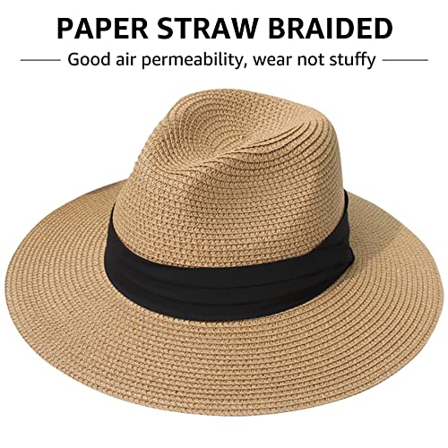 Panama Straw Hat for Women & Men, Foldable Summer Beach Sun Protection Hats, Adjustable Summer Hat Wide Brim Packable Cap Khaki