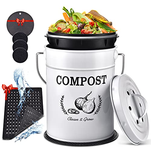 AOSION Compost Bin Kitchen Counter,1.0Gallon Indoor Compost Bin with Lid,Compost Bucket Countertop Composter Container with 3pcs Charcoal Filters,Non-Slip Mat,Drainage Mat,Compost Pail Food Waste Bin