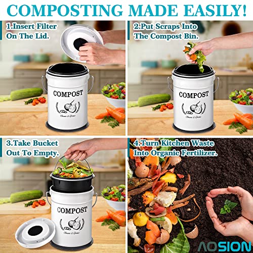 AOSION Compost Bin Kitchen Counter,1.0Gallon Indoor Compost Bin with Lid,Compost Bucket Countertop Composter Container with 3pcs Charcoal Filters,Non-Slip Mat,Drainage Mat,Compost Pail Food Waste Bin