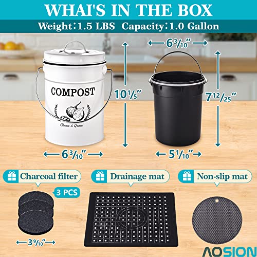 AOSION Compost Bin Kitchen Counter,1.0Gallon Indoor Compost Bin with Lid,Compost Bucket Countertop Composter Container with 3pcs Charcoal Filters,Non-Slip Mat,Drainage Mat,Compost Pail Food Waste Bin