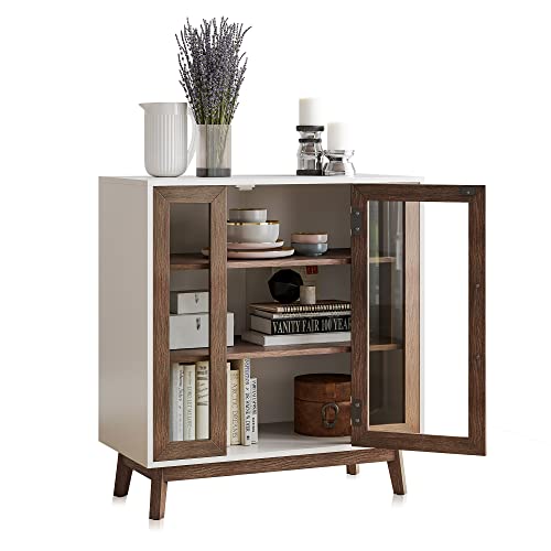 BELLEZE Sideboard Buffet Cabinet, Modern Curio Cabinet 3-Tiers Console Table for Kitchen Glass Display Cabinet Storage/Pantry Cabinet Coffee Bar for Living Room Bedroom Entryway, Brown