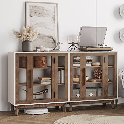 BELLEZE Sideboard Buffet Cabinet, Modern Curio Cabinet 3-Tiers Console Table for Kitchen Glass Display Cabinet Storage/Pantry Cabinet Coffee Bar for Living Room Bedroom Entryway, Brown