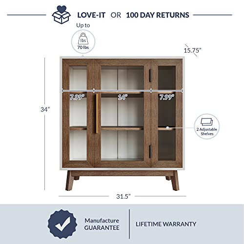 BELLEZE Sideboard Buffet Cabinet, Modern Curio Cabinet 3-Tiers Console Table for Kitchen Glass Display Cabinet Storage/Pantry Cabinet Coffee Bar for Living Room Bedroom Entryway, Brown