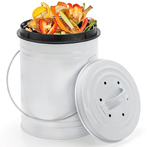 Fasmov Compost Bin Kitchen Counter, Kitchen Compost Bin Countertop, Indoor Compost Bin, Countertop Compost Bin with Lid, Countertop Composter Container Compost Bucket for Kitchen, White, 1 Gallon