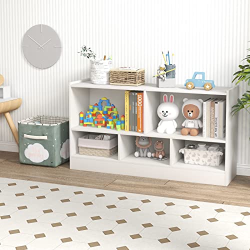 IFANNY 5 Cube Bookcase, 2 Tier Bookshelf Organizer w/Open Compartments, Wood Bookshelves & Bookcases, Horizontal Storage Shelves, Modern Book Shelf for Bedroom, Living Room, Play Room (White)