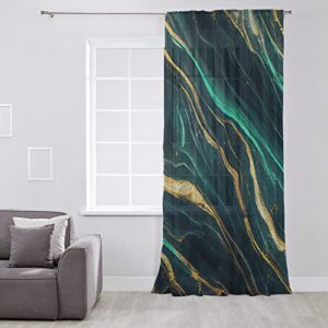 Marble Emerald Green Semi Sheer Curtains Drapes for Living Room, Bedroom, French Doors Window 54 Inches Long, Modern Abstract Gold Art Rod Pocket Chiffon Curtain Drapery Voile Draperies Panel