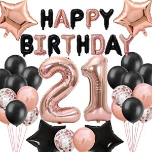 21st birthday decorations for her, black rose gold 21st happy birthday birthday banner jumbo number 21 star foil balloons latex confetti balloon for girl her 21 years old birthday party(21st)