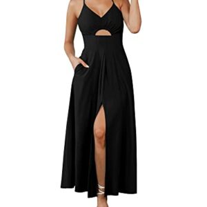 BTFBM Women 2023 Summer Spaghetti Strap Dress Sleeveless V Neck Cutout Slit Casual Beach Party Maxi Dresses with Pockets(Solid Black, X-Large)