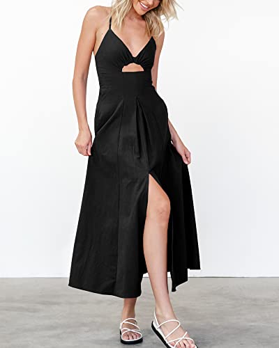 BTFBM Women 2023 Summer Spaghetti Strap Dress Sleeveless V Neck Cutout Slit Casual Beach Party Maxi Dresses with Pockets(Solid Black, X-Large)