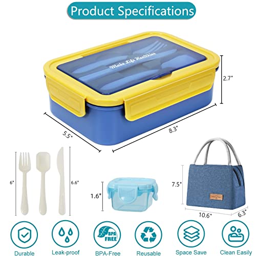 Gere Bento Box,1400 ML, Lunch Box With Spoon & Fork, Comes with Insulated Lunch Bags - Durable Perfect Size for On-the-Go Meal, Microwave Dishwasher Safe (Blue)