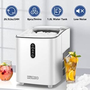 KUMIO Ice Makers Countertop, Portable Ice Maker with Self-Cleaning, 8 Cubes/9 Mins, 26.5Lbs/24Hrs, Ice Machine with Scoop and Basket, 2 Sizes of Bullet Ice for Home Office Bar Party
