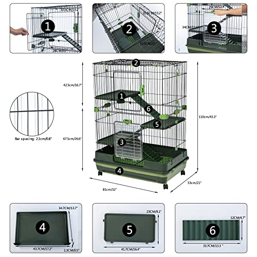 HomSof 4-Tier 32" Small Animal Metal Cage Height Adjustable with Lockable Casters Grilles Pull-Out Tray for Rabbit Chinchilla Ferret Bunny Guinea Pig Squirrel Hedgehog(Green)