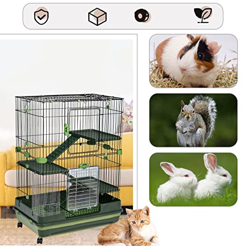 HomSof 4-Tier 32" Small Animal Metal Cage Height Adjustable with Lockable Casters Grilles Pull-Out Tray for Rabbit Chinchilla Ferret Bunny Guinea Pig Squirrel Hedgehog(Green)