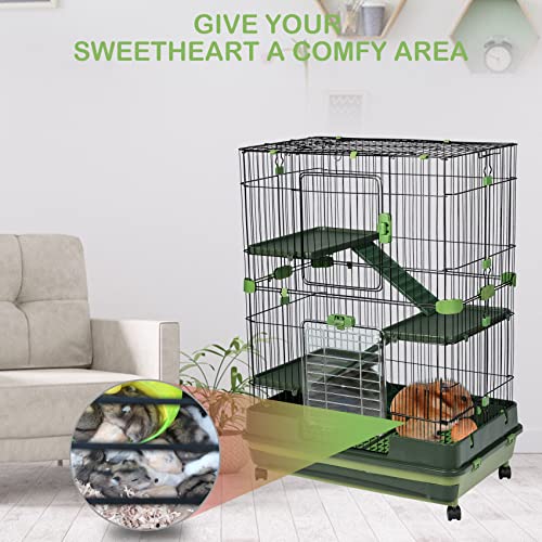 HomSof 4-Tier 32" Small Animal Metal Cage Height Adjustable with Lockable Casters Grilles Pull-Out Tray for Rabbit Chinchilla Ferret Bunny Guinea Pig Squirrel Hedgehog(Green)