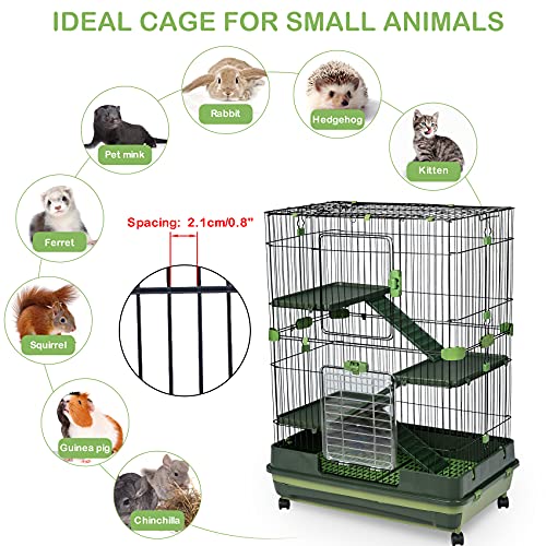 HomSof 4-Tier 32" Small Animal Metal Cage Height Adjustable with Lockable Casters Grilles Pull-Out Tray for Rabbit Chinchilla Ferret Bunny Guinea Pig Squirrel Hedgehog(Green)