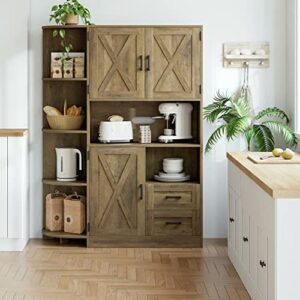 hostack 60.4" farmhouse kitchen pantry storage cabinet, freestanding hutch with doors & shelves, buffet sideboard with microwave stand, coffee bar with drawers, cupboard for dining room, rustic brown