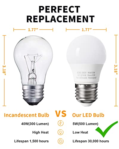 Warm White A15 Appliance Light Bulb, 40W Equivalent, 120V, 2700K, E26 Medium Base, LED Light Bulbs for Refrigerator, Fridge, Freezer, Stove Hood, Range Hood, Waterproof, Shatterproof, Not Dimmable