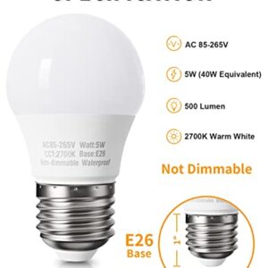 Warm White A15 Appliance Light Bulb, 40W Equivalent, 120V, 2700K, E26 Medium Base, LED Light Bulbs for Refrigerator, Fridge, Freezer, Stove Hood, Range Hood, Waterproof, Shatterproof, Not Dimmable