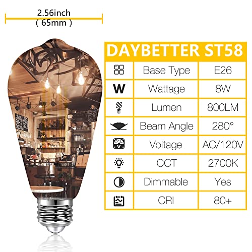 DAYBETTER Vintage LED Edison Bulbs 60 Watt Equivalent, ST58 Antique LED Filament Light Bulbs, Dimmable Led Bulb with E26 Medium Base, Warm White 2700K, Brightness 8W, 800LM, Clear Glass, 3 Packs