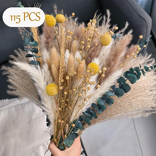 115pcs Dried Pampas Grass - Natural Pompas Grass Boho Dried Flowers Bouquet , DIY Short Pampas Grass Artistic Home Decor for Wedding Floral Arrangements and Bedroom