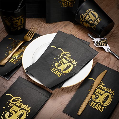 200 Pcs 50th Birthday Guest Napkins Cheers to 50 Years Napkins Happy Foil 50th Birthday Decorations Women Men Paper Napkins Black Gold Luncheon Napkins 2 Ply for Anniversary Wedding Party Supplies