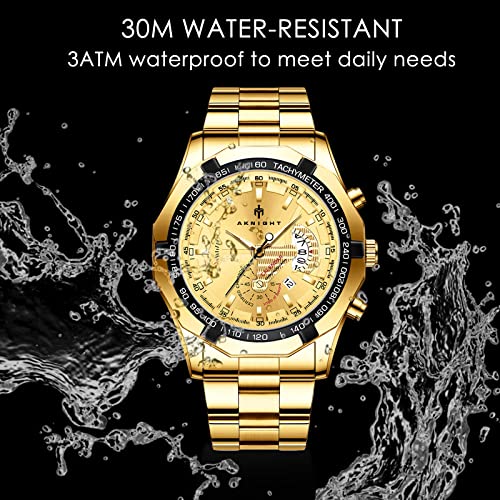 BENYAR Mens Watches, Chronograph Analog Quartz Movement Men's Watch, Stylish Sports Designer Men's Wrist Watch, Waterproof Luminous Watches for Men, Golden