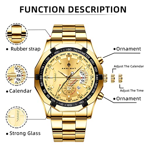 BENYAR Mens Watches, Chronograph Analog Quartz Movement Men's Watch, Stylish Sports Designer Men's Wrist Watch, Waterproof Luminous Watches for Men, Golden