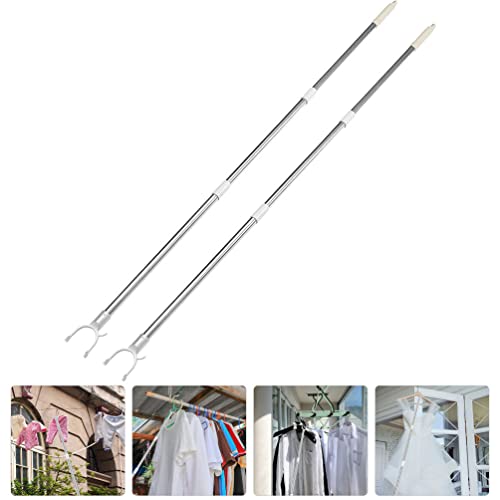 Pole 2pcs Clothes Reach Poles Retractable Clothes Drying Fork Stainless Steel Clothesline Rod Pole Wardrobe Hook Adjustable Reaching Pole for Balcony Closet Reach Tool