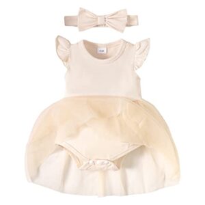 sobowo beige baby girl dress infant baby girl ruffle sleeveless tulle romper onsies dresses summer clothes outfits with headband(0-3 months, beige s)